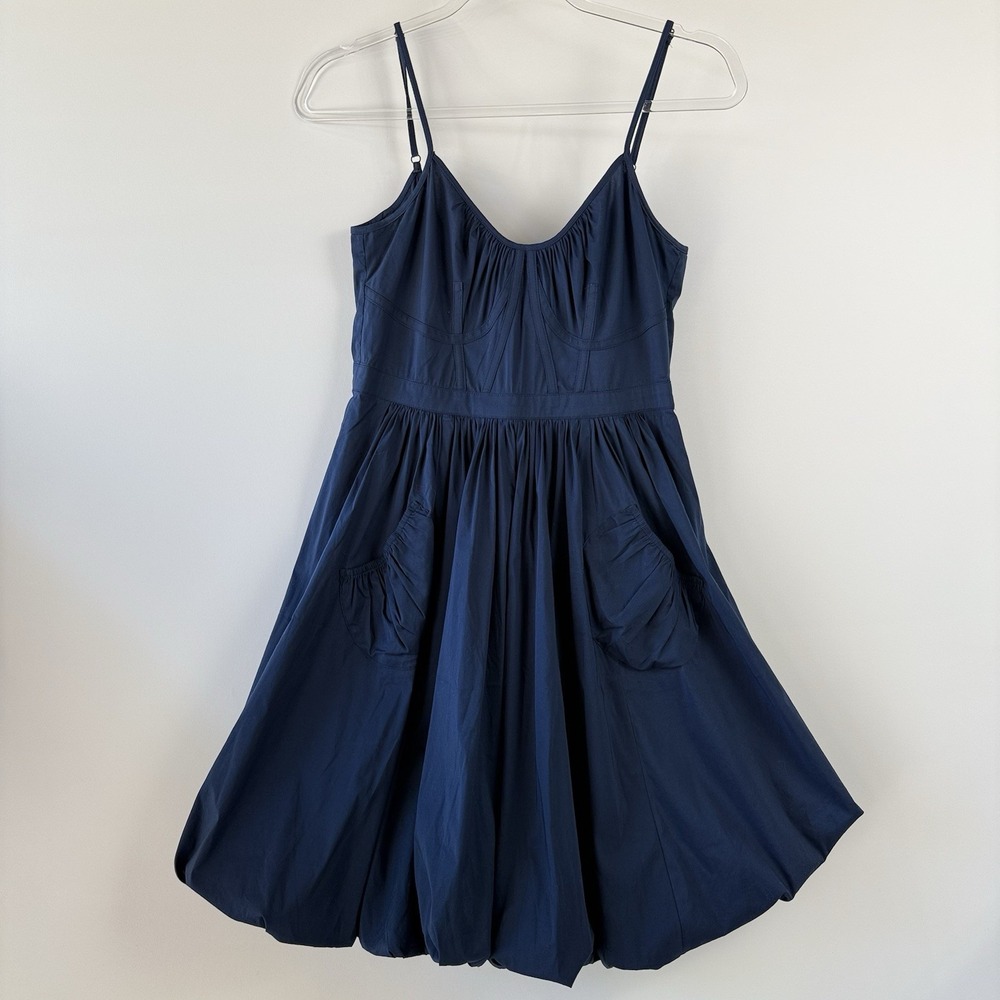 Corset Bubble Hem Mini Dress Women's Small Navy Blue Sleeveless Pockets $198